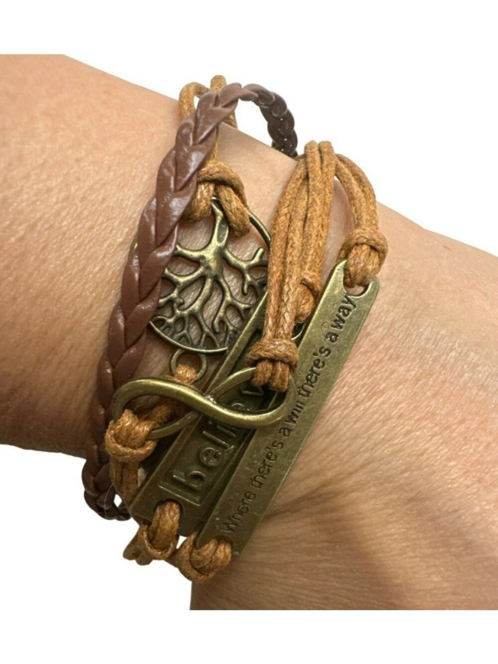 Multilayer Brown Leather Bracelet Inspirational Charms Boho Tree of Life Nature
